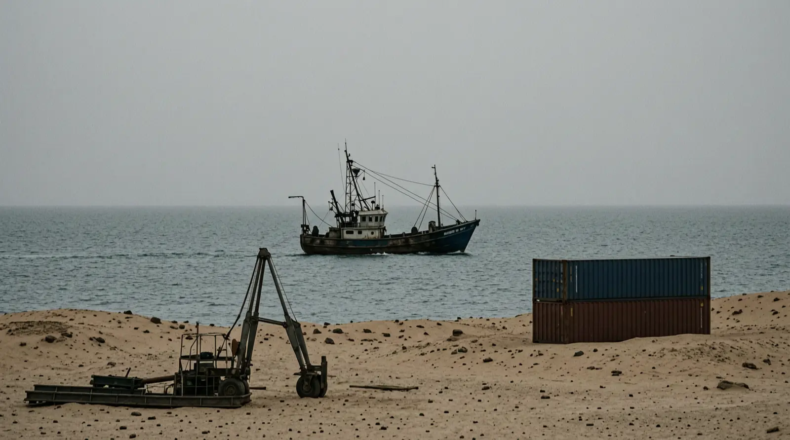 A small fishing boat crossing open water near a desert coastline, seen from a distance.