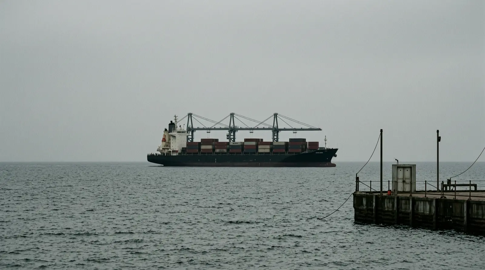 A cargo ship appears as a low silhouette on the horizon from open water.