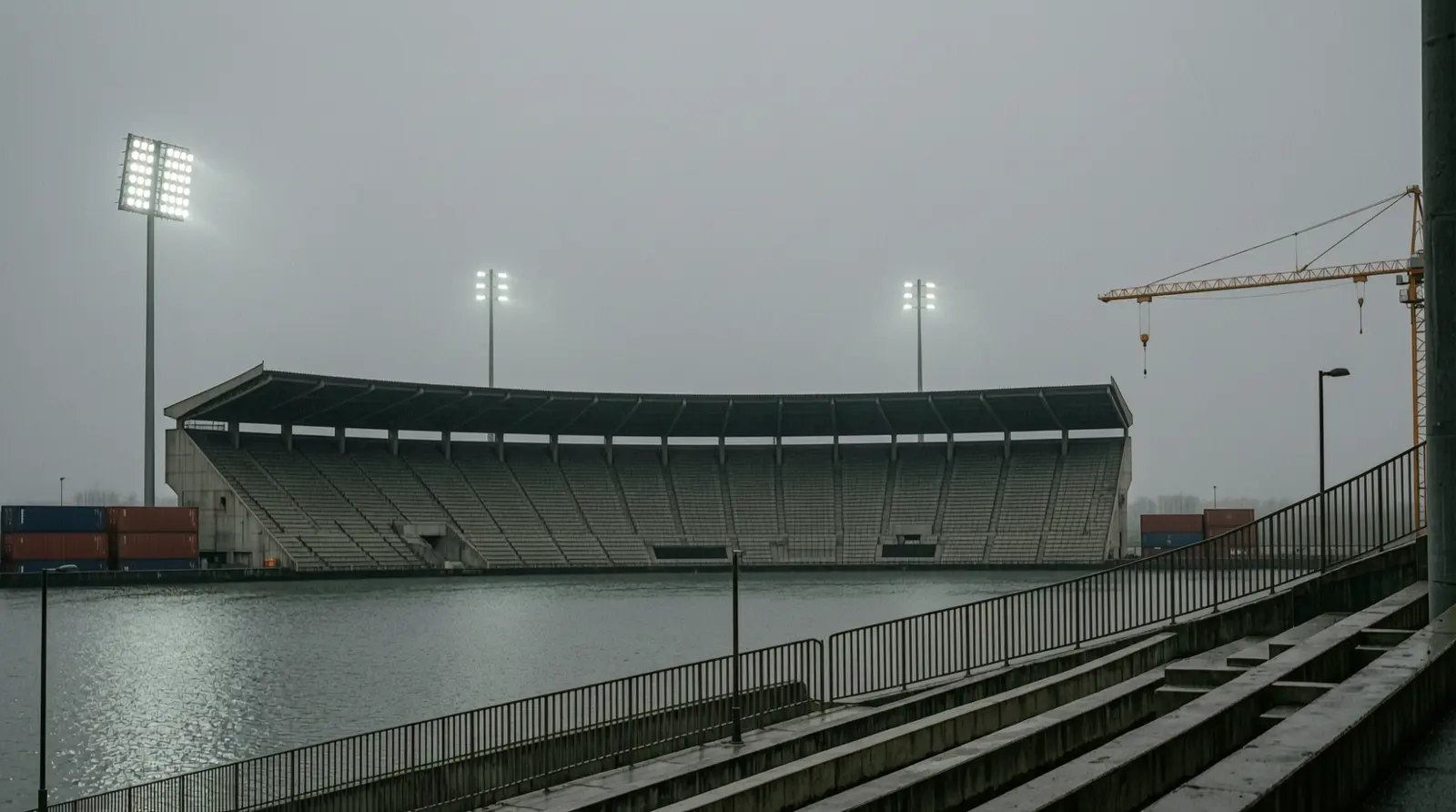 Empty concrete stadium terraces under floodlights, with no banners, screens or signage visible.