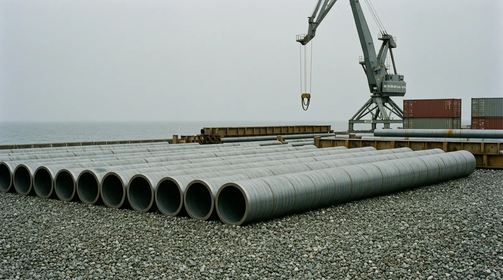 Coated steel pipes lying in rows on a gravel yard near the coast.