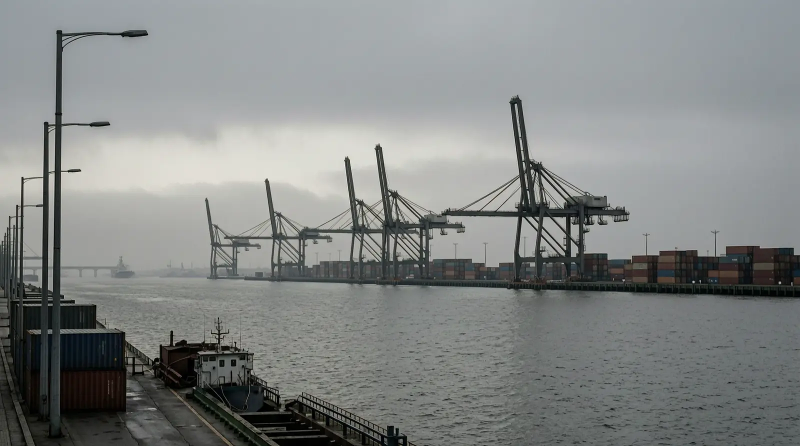 Distant port cranes across a wide river at dawn, with low clouds over the water.