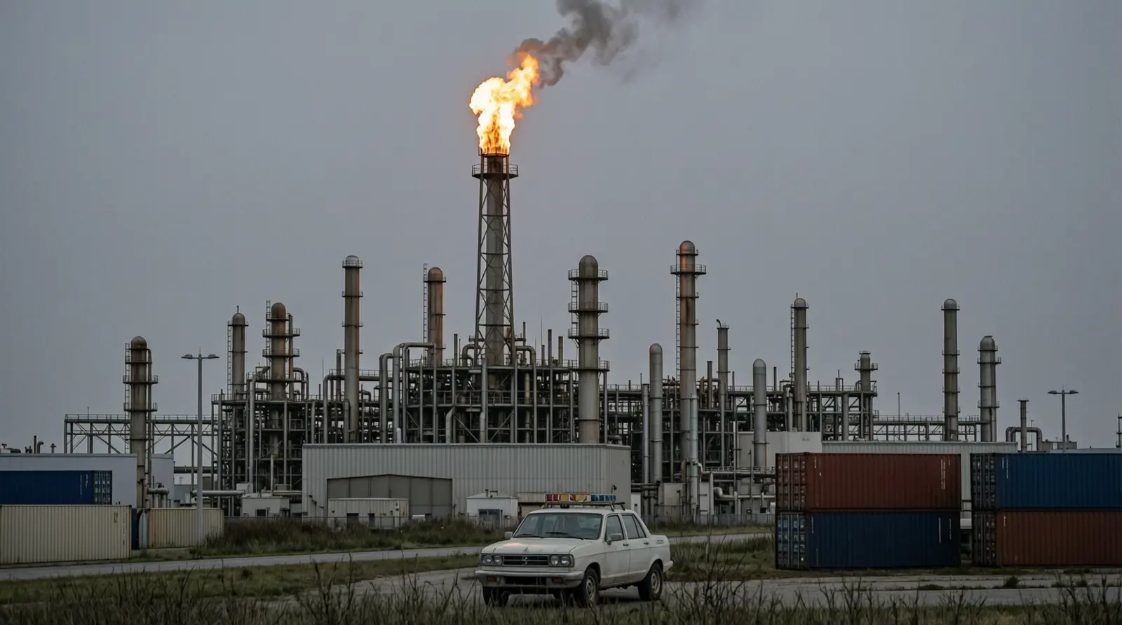 A refinery complex at dusk seen from a distance, with a flare stack burning.