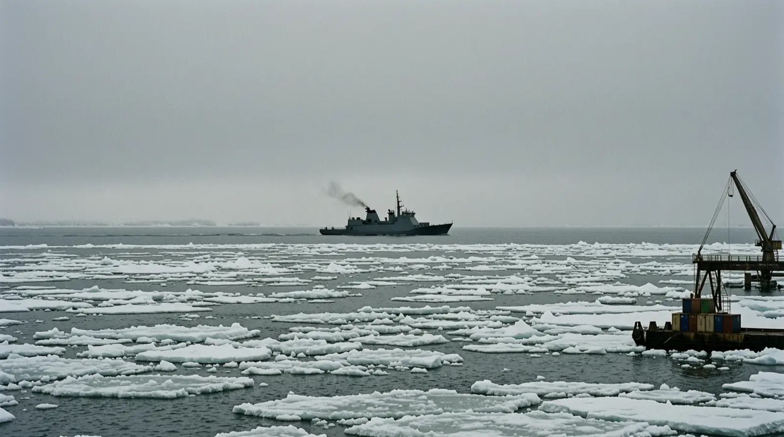 Cold grey water with broken ice under cloud, a distant patrol vessel moving through the frame.