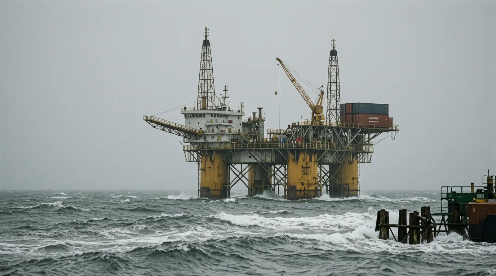 An offshore oil platform in rough grey sea, seen from a distance.