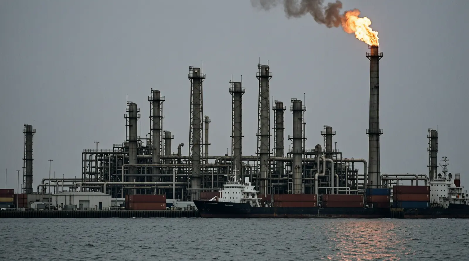 A refinery complex seen from across water at dusk, with a flare stack burning and towers in silhouette.