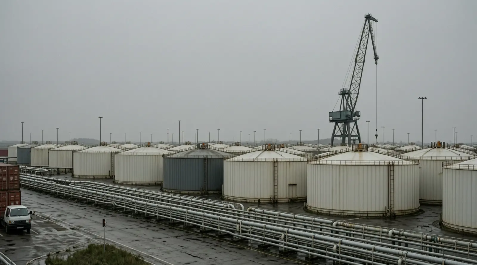 Rows of oil storage tanks and pipelines seen from a distance under an overcast sky.