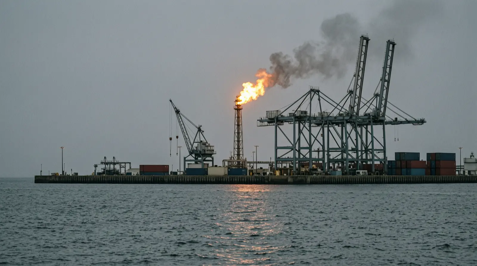 A distant flare stack burns at a coastal industrial plant seen across open water at dusk.