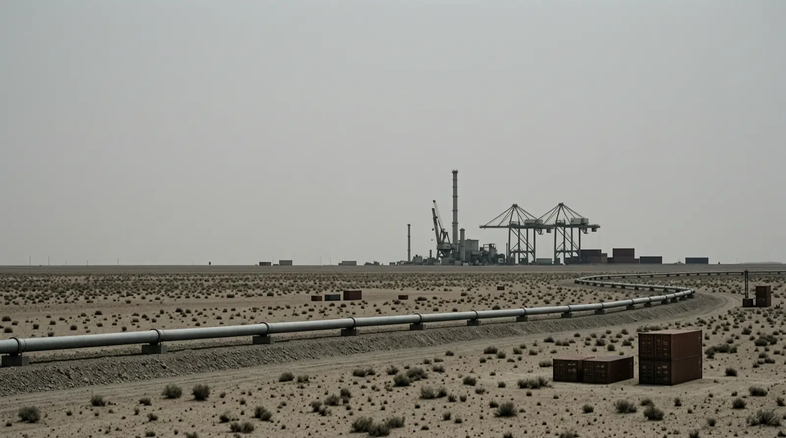 A pipeline runs through open desert toward a distant industrial complex under a pale sky.