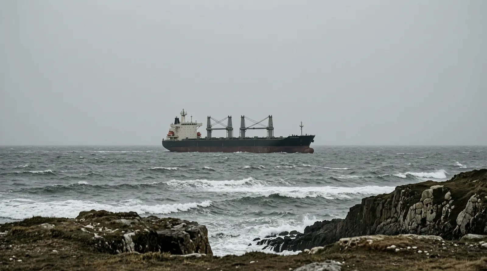 A large tanker sits low on the horizon beyond rough grey swell, seen from an empty headland.