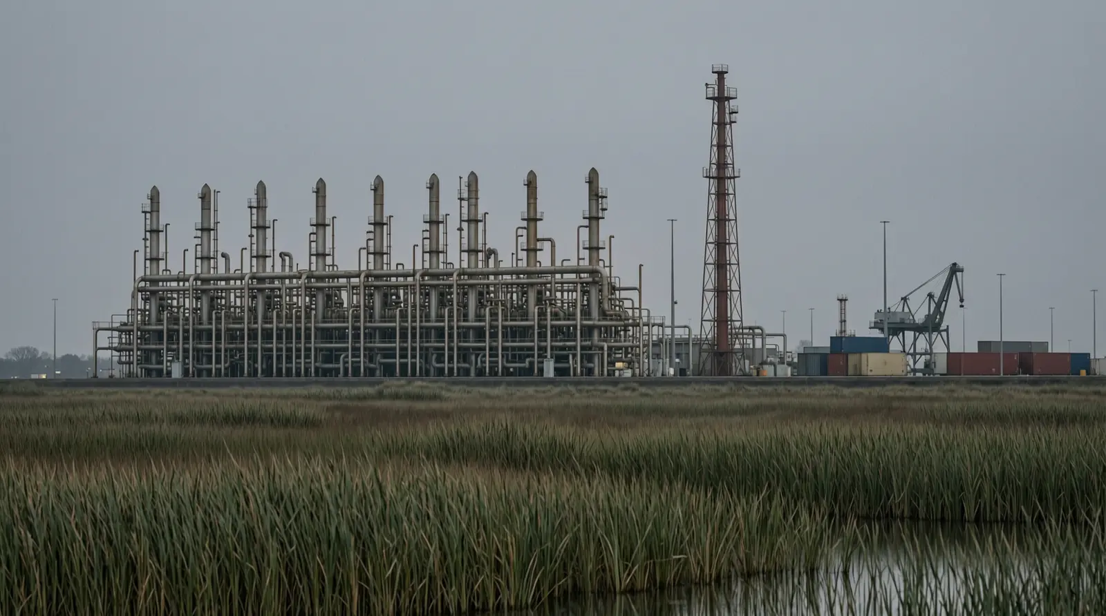 Pipe racks and a flare stack at a refinery seen across marsh grass at dusk.