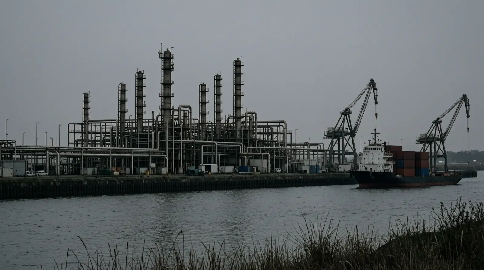 A refinery’s distillation columns and pipe racks seen across a river at dusk.