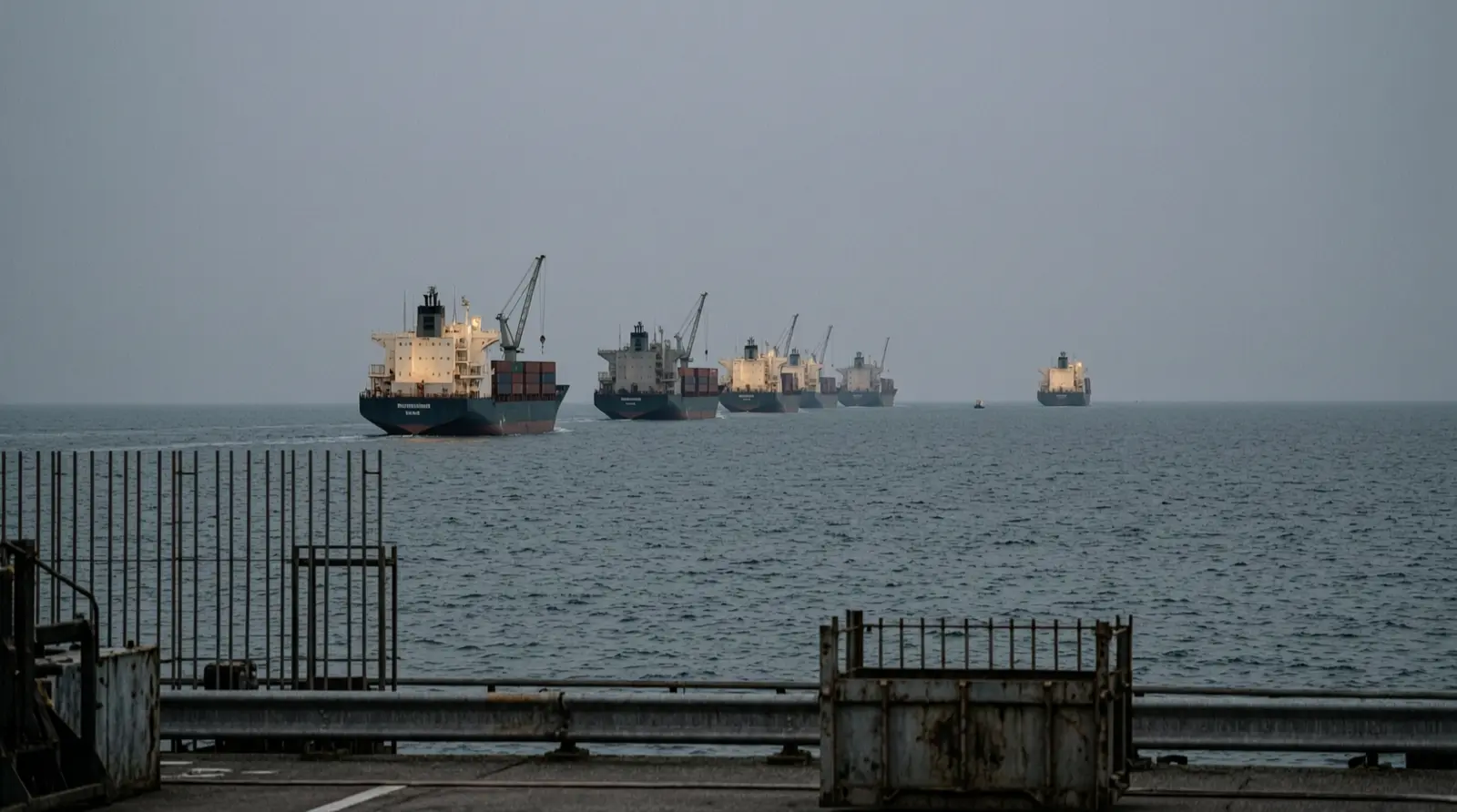A wide view of open sea at dusk with several distant commercial ships moving in a line toward the horizon.