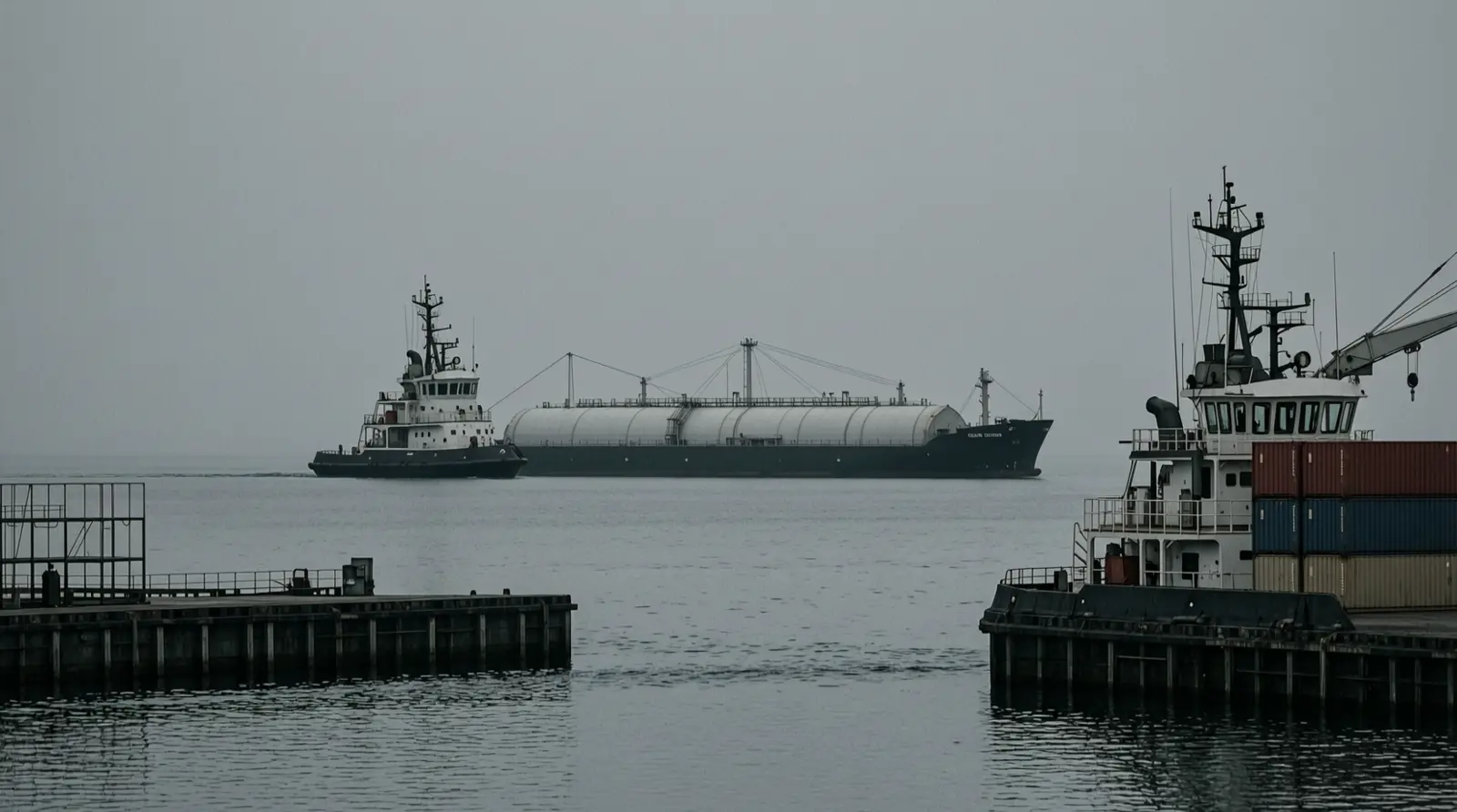 A tugboat escorting a tanker through calm water at dawn, viewed from a distance.