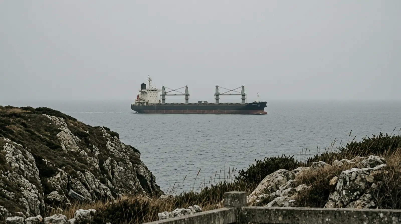 A distant product tanker moving across grey open sea, seen from a headland, with no hull markings visible.