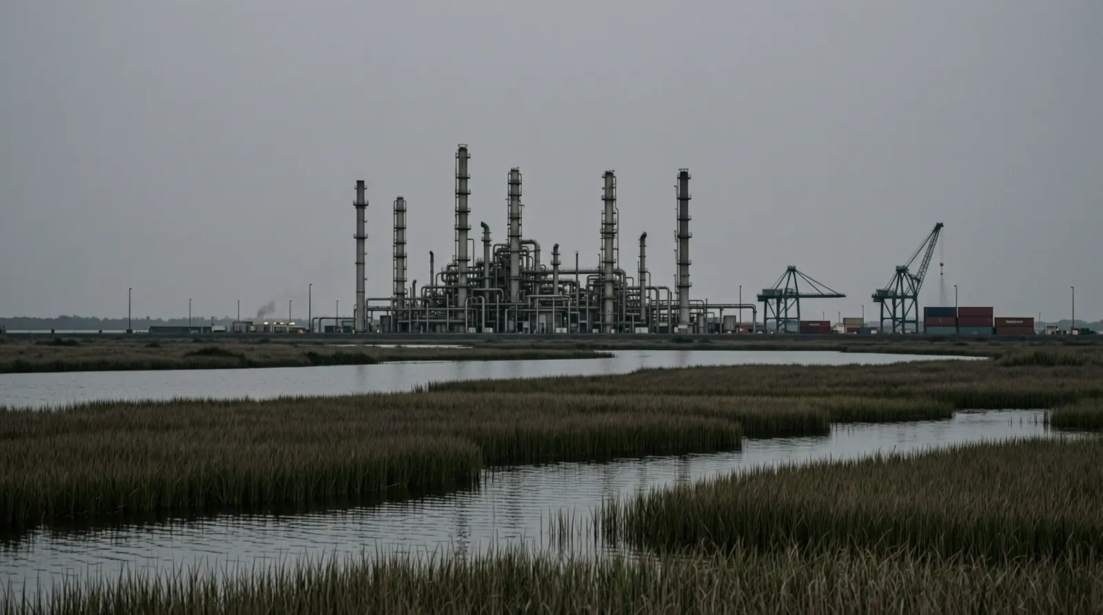 A refinery's distillation columns and flare stack seen across marshland at dusk, with no signs visible.