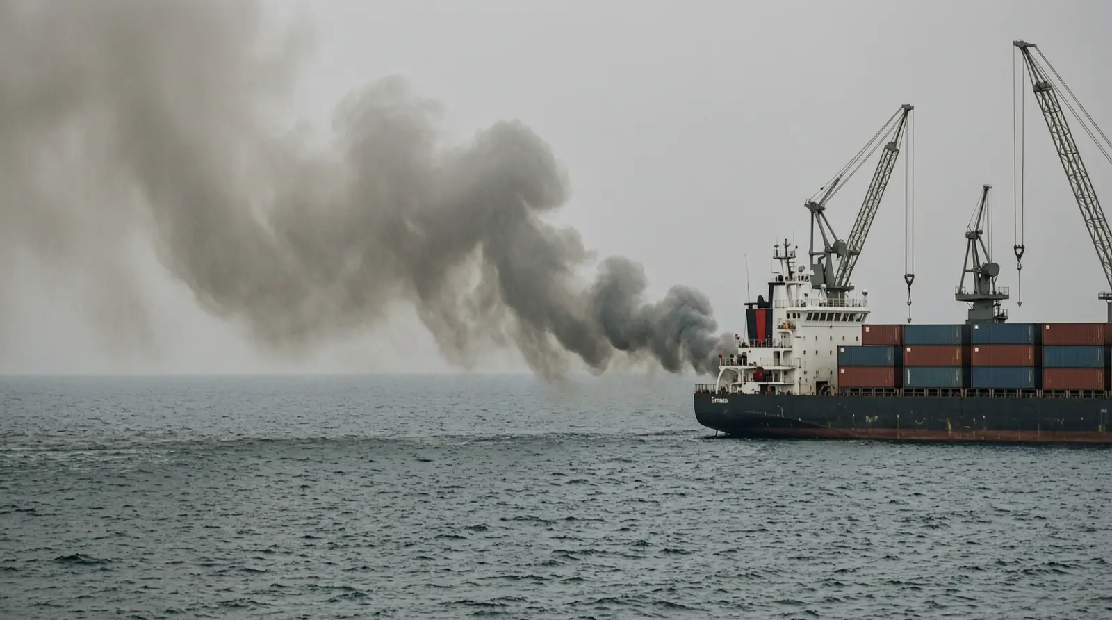 Smoke drifts over open Black Sea water near the Romanian coast, seen from a distance.