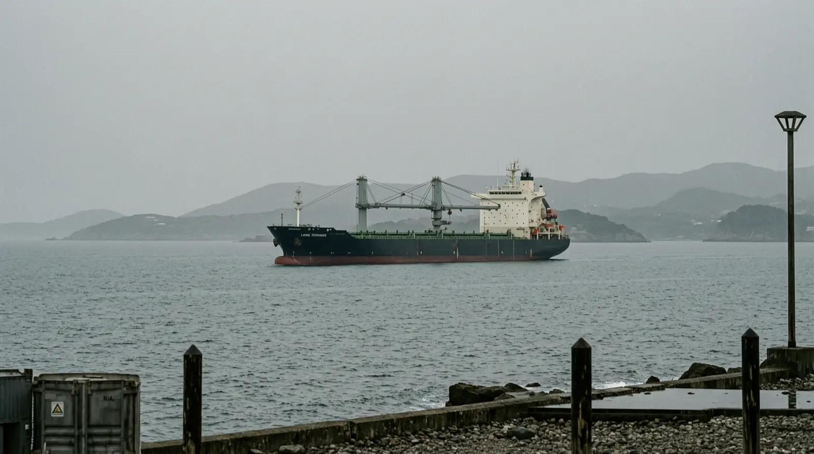 A large tanker seen from a distance on open water, with a hazy coastline behind it.