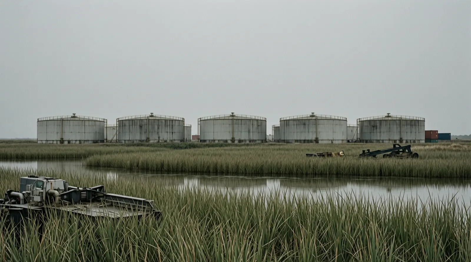 A cluster of crude storage tanks seen across marsh grass from a distance, with no visible markings, under an overcast sky.