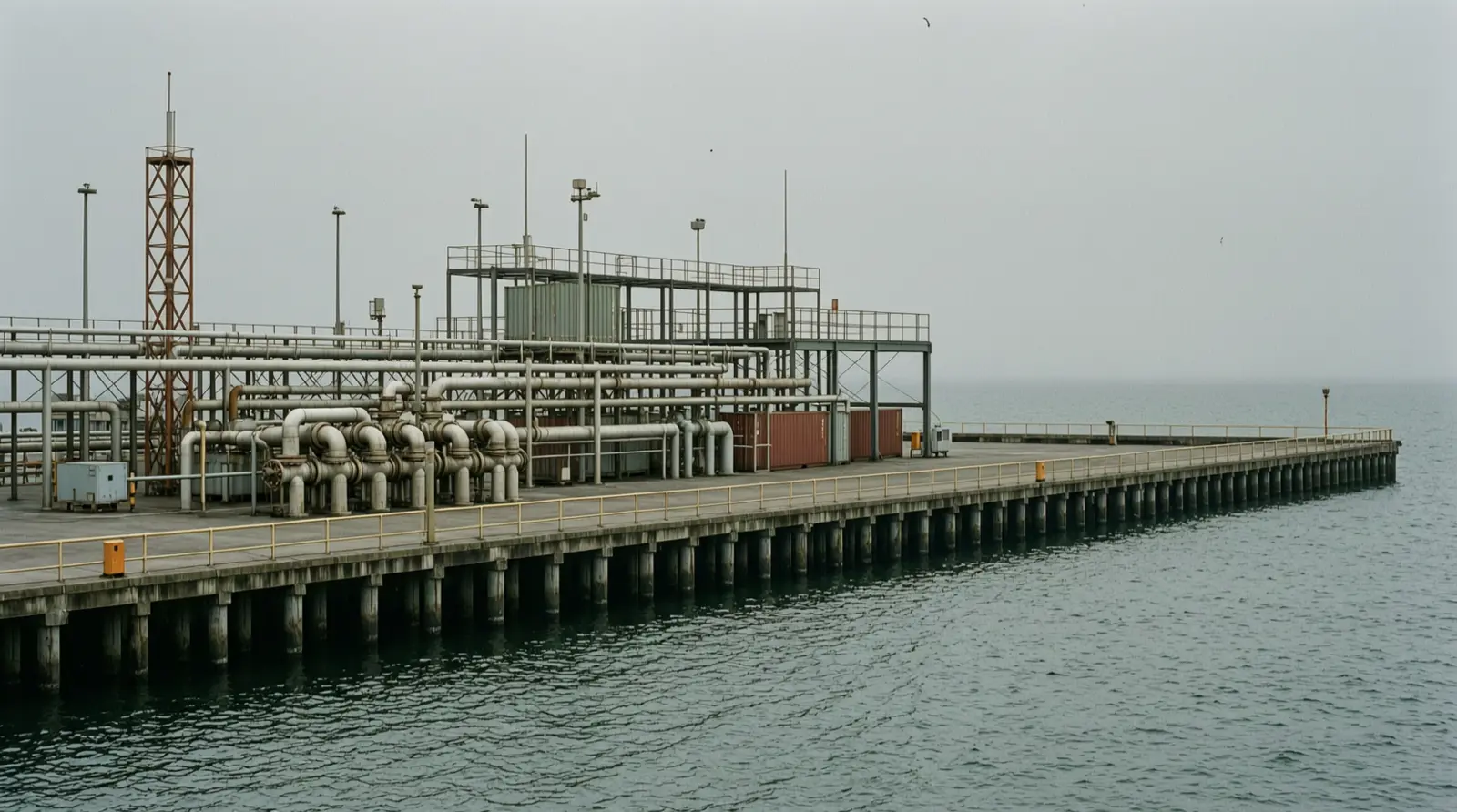 A coastal fuel terminal with pipes and valves beside a jetty, seen from the water and without visible signage.