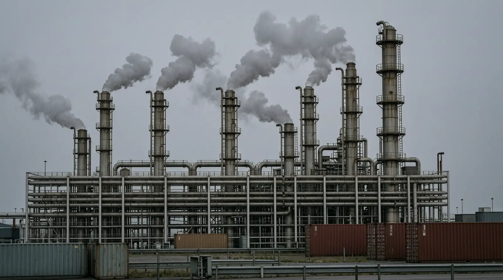 Refinery pipework and distillation columns seen from a distance at dusk, with steam rising and no visible signage.