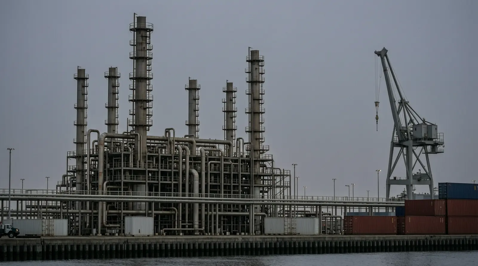 Refinery columns and pipe racks stand against the sky at dusk.