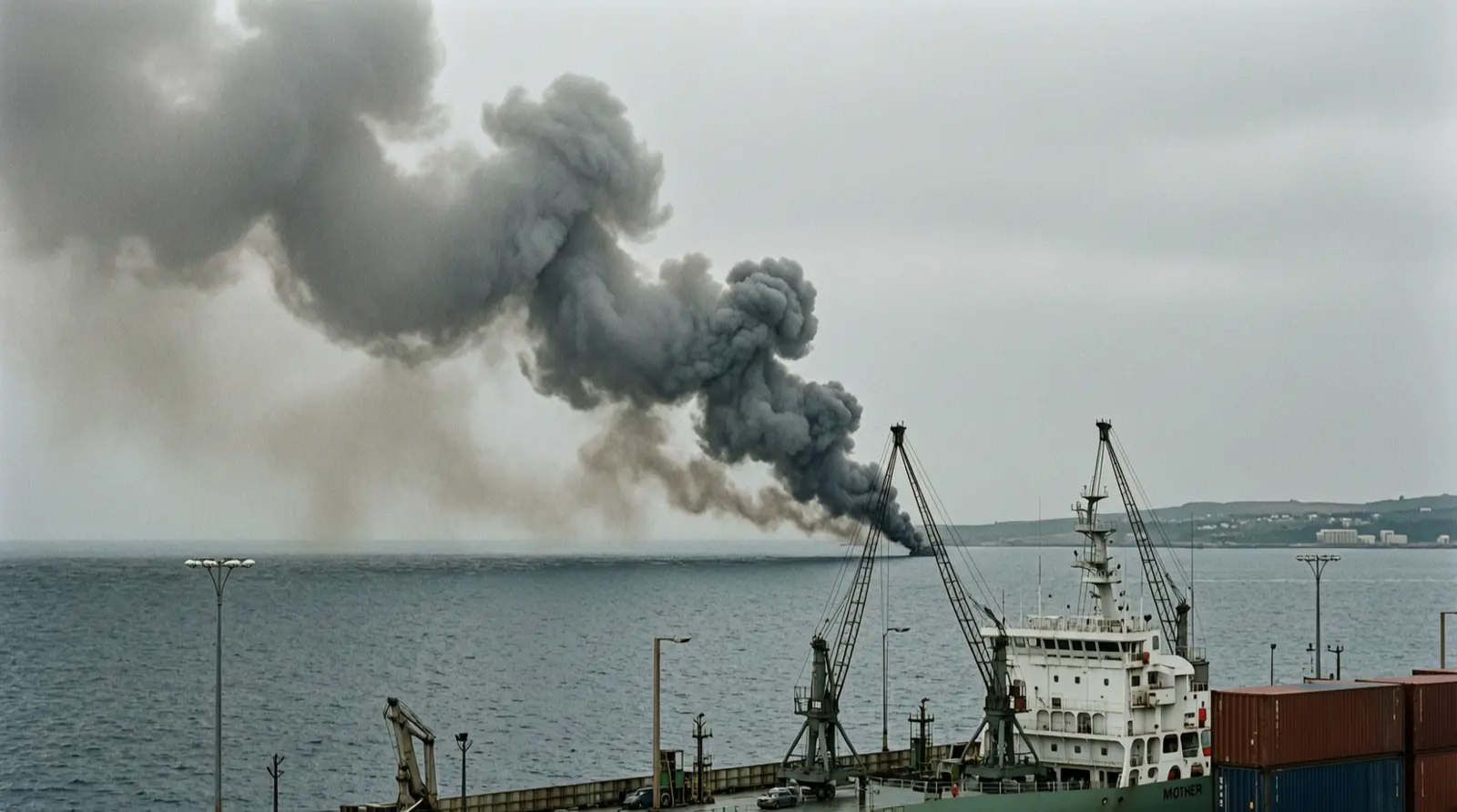A column of smoke rising over open sea near a distant coastline.