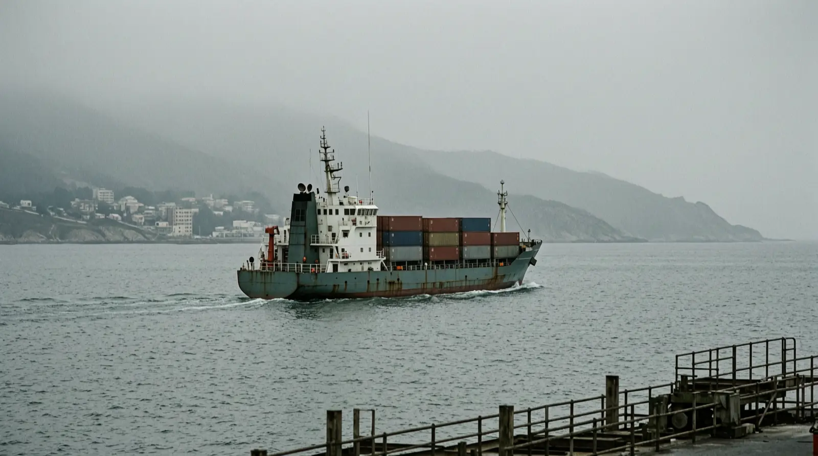 A small vessel moving across open water with a hazy coastline behind it.