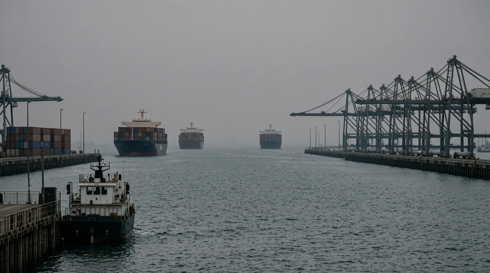 Open water of a narrow strait at dusk, with distant silhouettes of large ships moving in a traffic lane and a faint haze over the sea.
