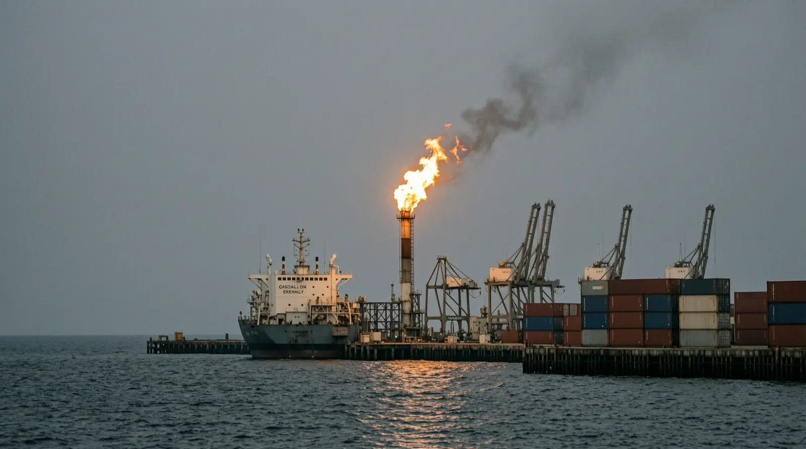 A gas flare burns above a coastal energy terminal at dusk, seen from across dark water.