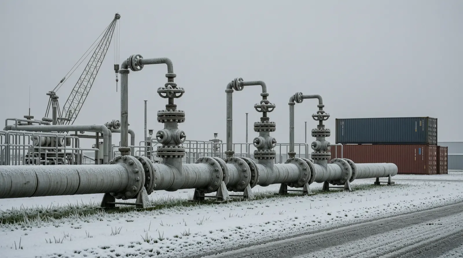 Frost-covered pipeline valves and pipework at a gas facility, seen from a distance.