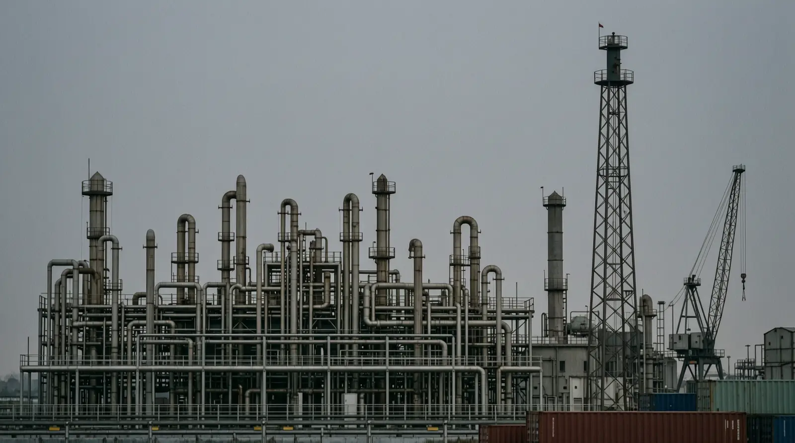 A refinery's pipe racks and flare stack seen from a distance at dusk.