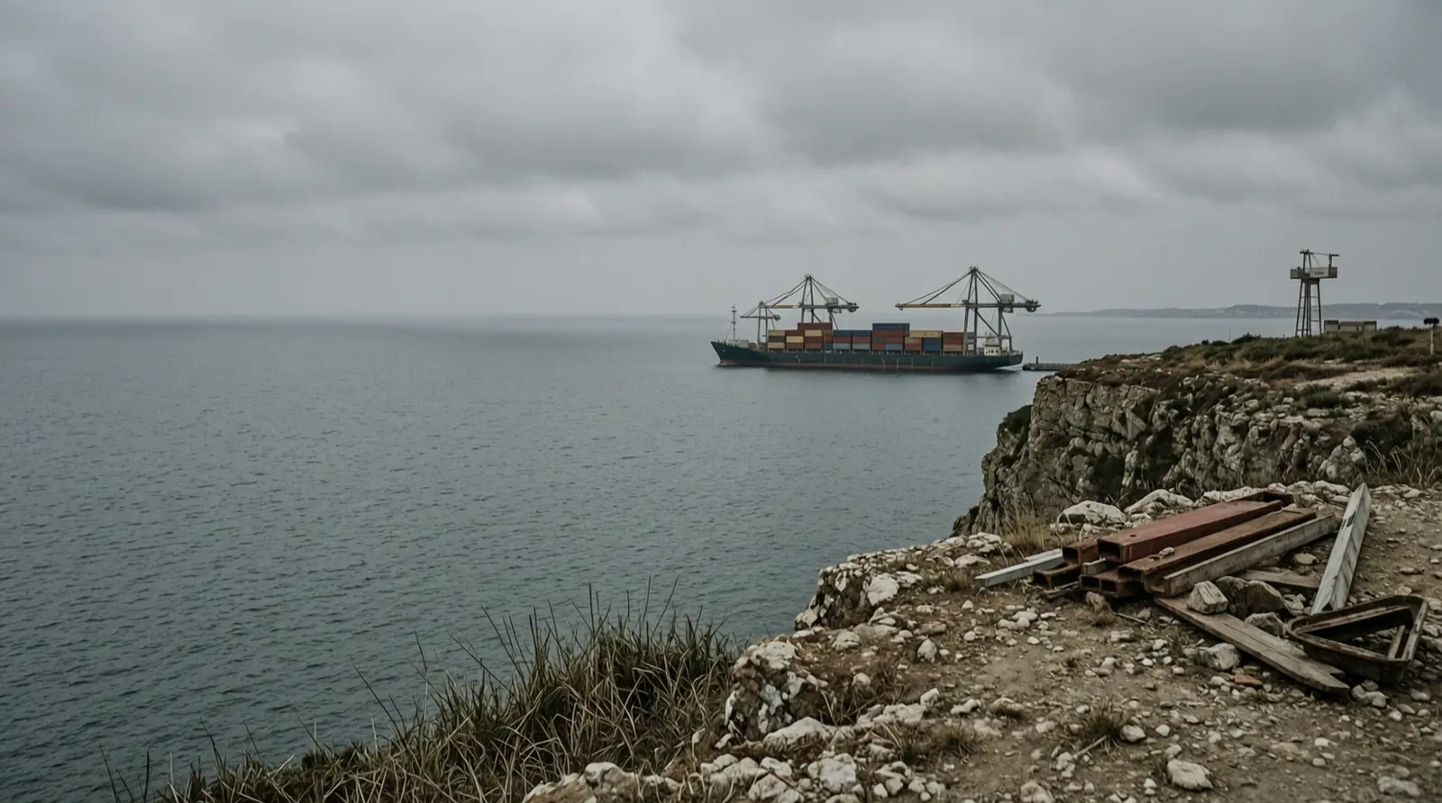 Open water under low clouds near the Romanian Black Sea coast, seen from a clifftop.