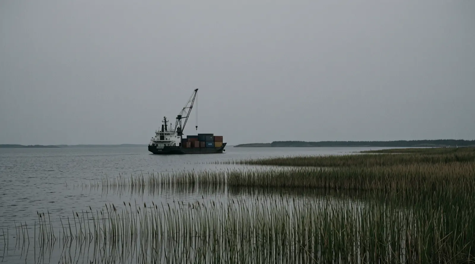 A quiet Baltic shoreline at dusk, with reeds, shallow water and a low horizon.