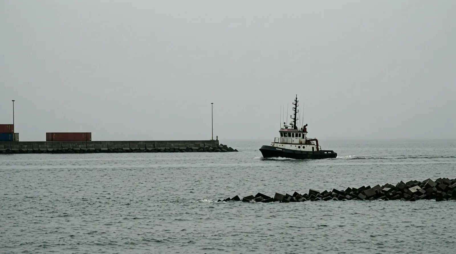A small tugboat moving across grey water near a low breakwater, seen from a distance.