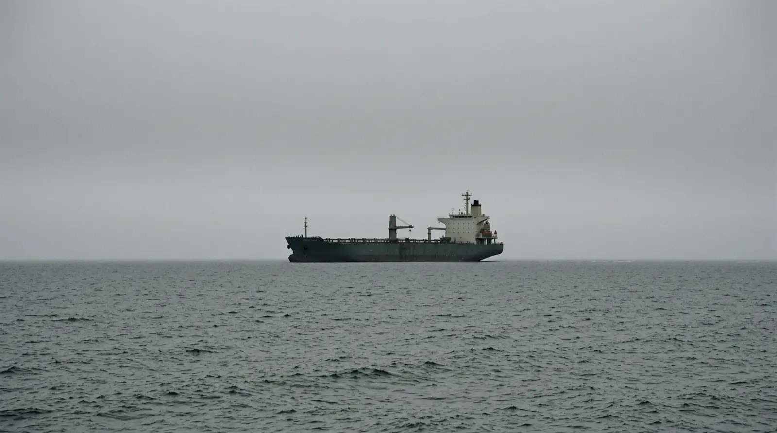 A distant tanker sits low on the horizon under a bank of grey sea mist.