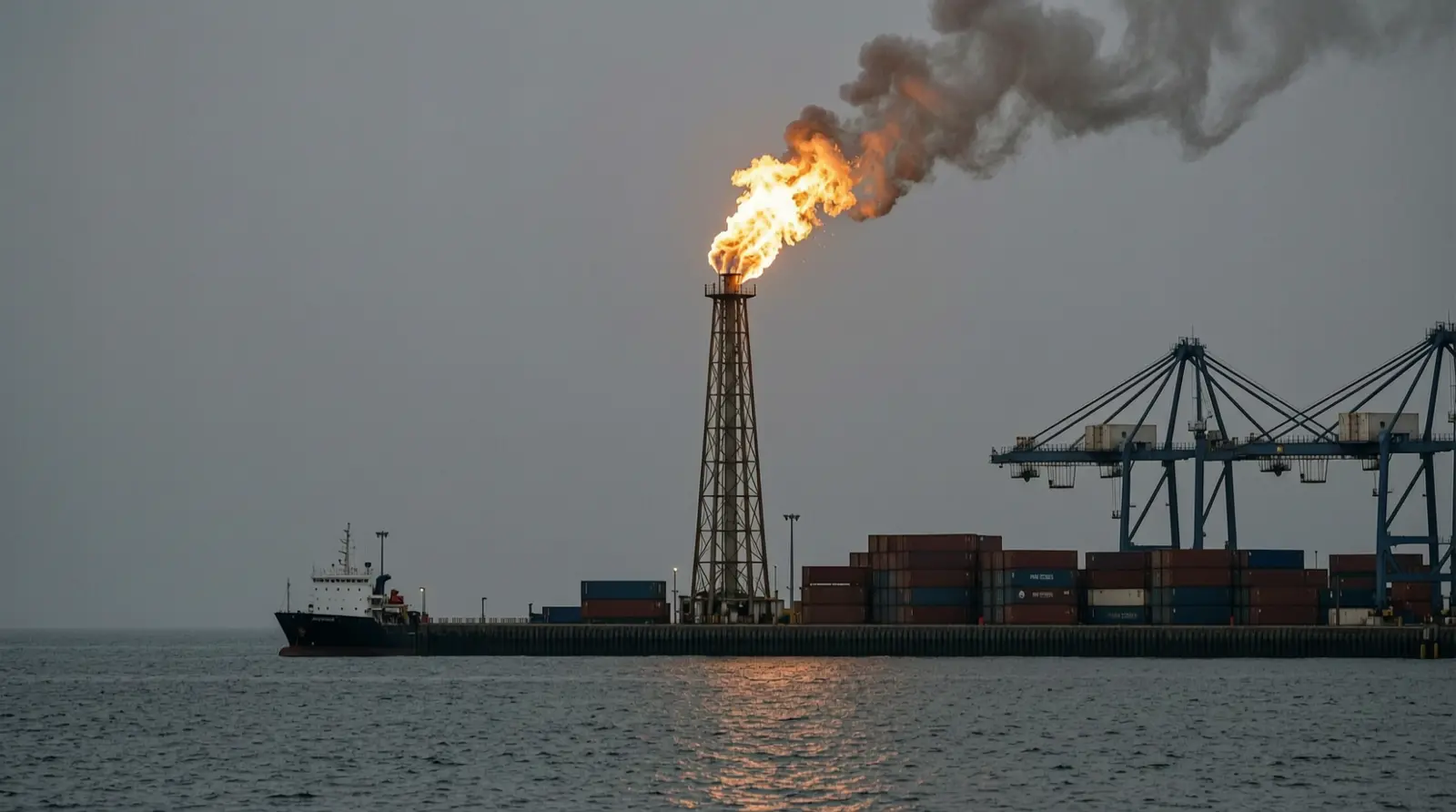 A gas flare stack burning at a coastal terminal in dim light, seen from a distance.