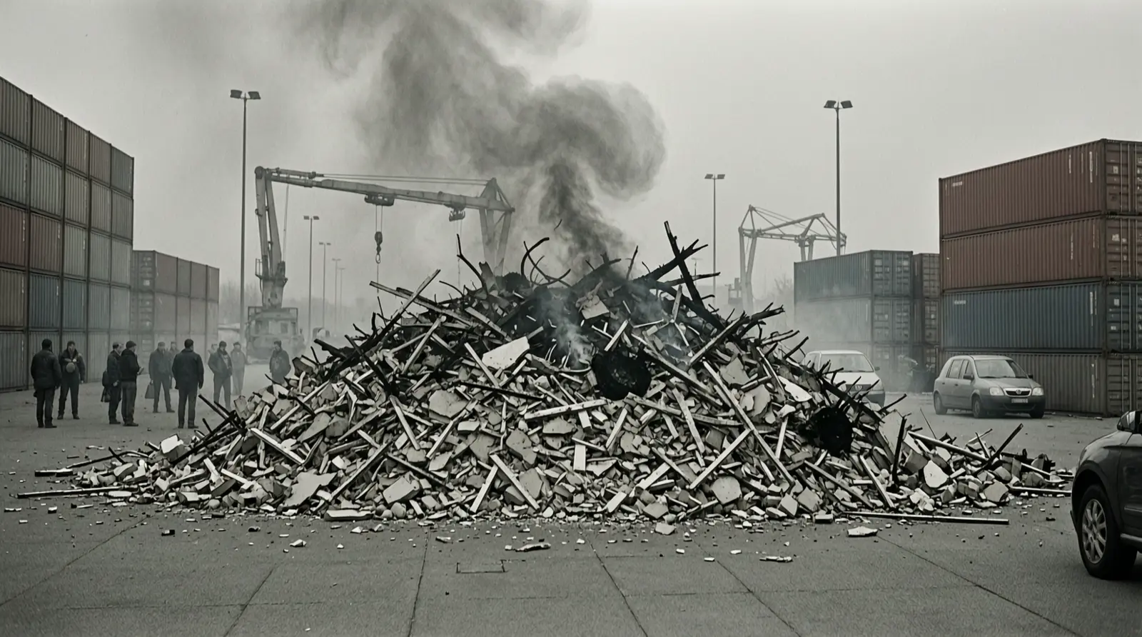 A smouldering pile of rubble in an open square, viewed from a distance.