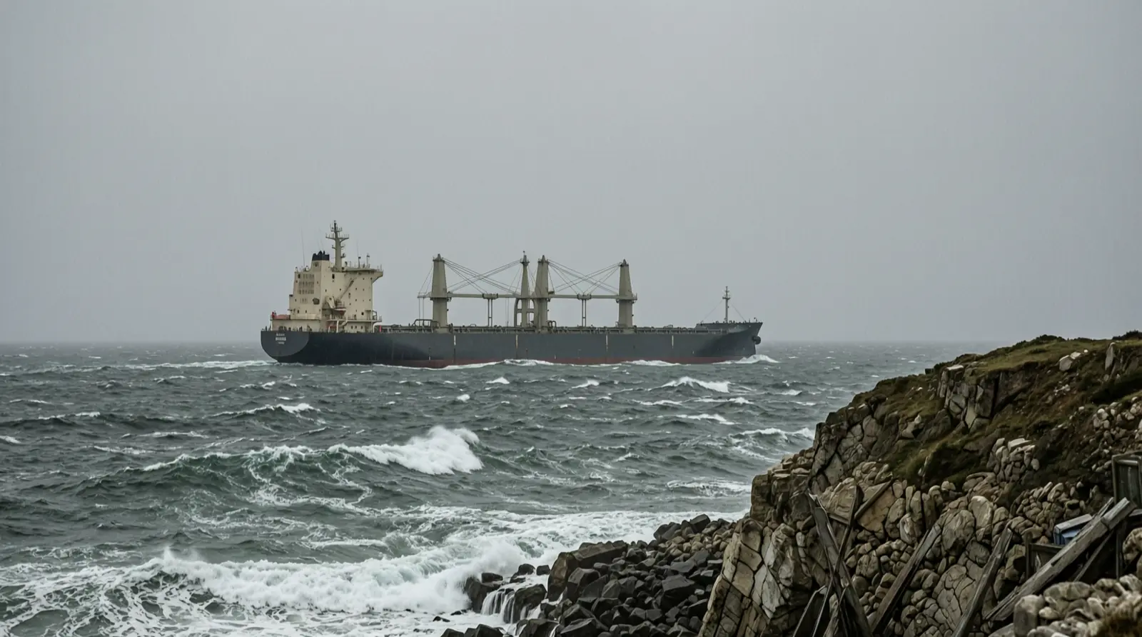 A tanker far offshore moving through heavy swell under a grey sky, seen from a coastal headland.