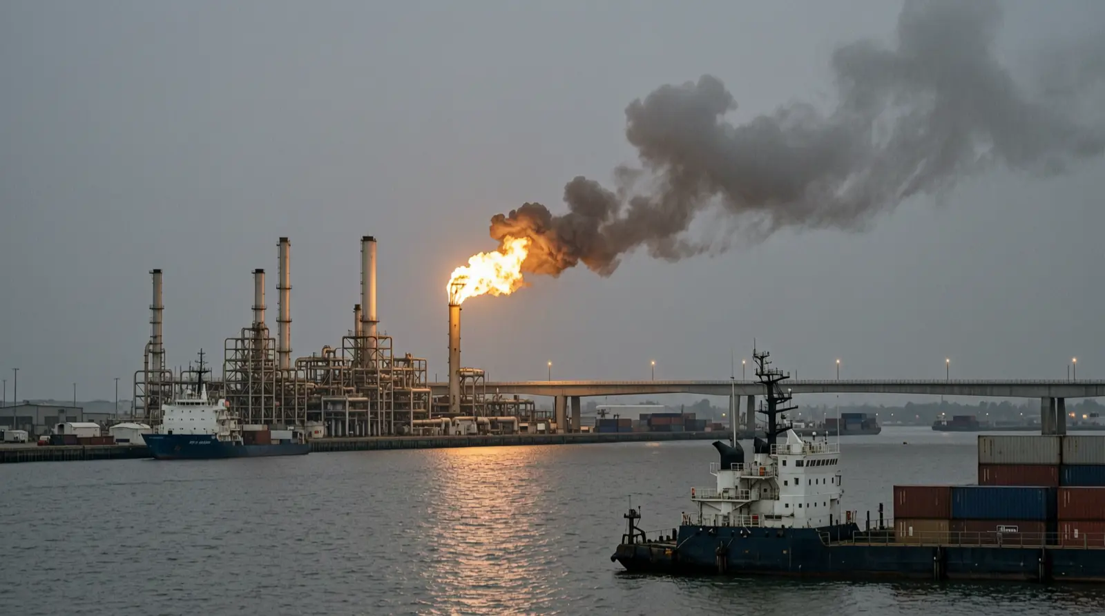 A refinery flare burns over a wide waterway at dusk, seen from a distance.