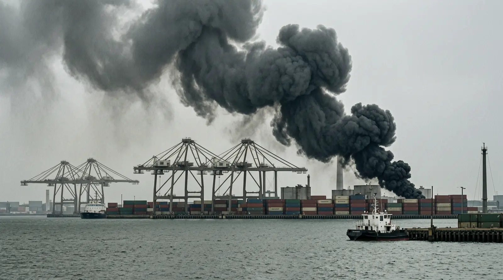 Black smoke rises above an industrial skyline across open water.