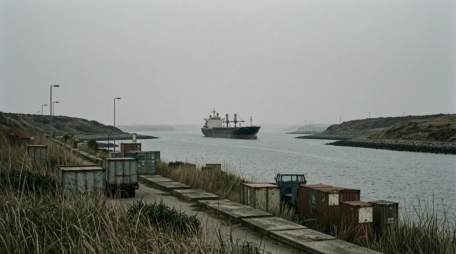 A narrow sea channel with a distant tanker under way, seen from a high shoreline.