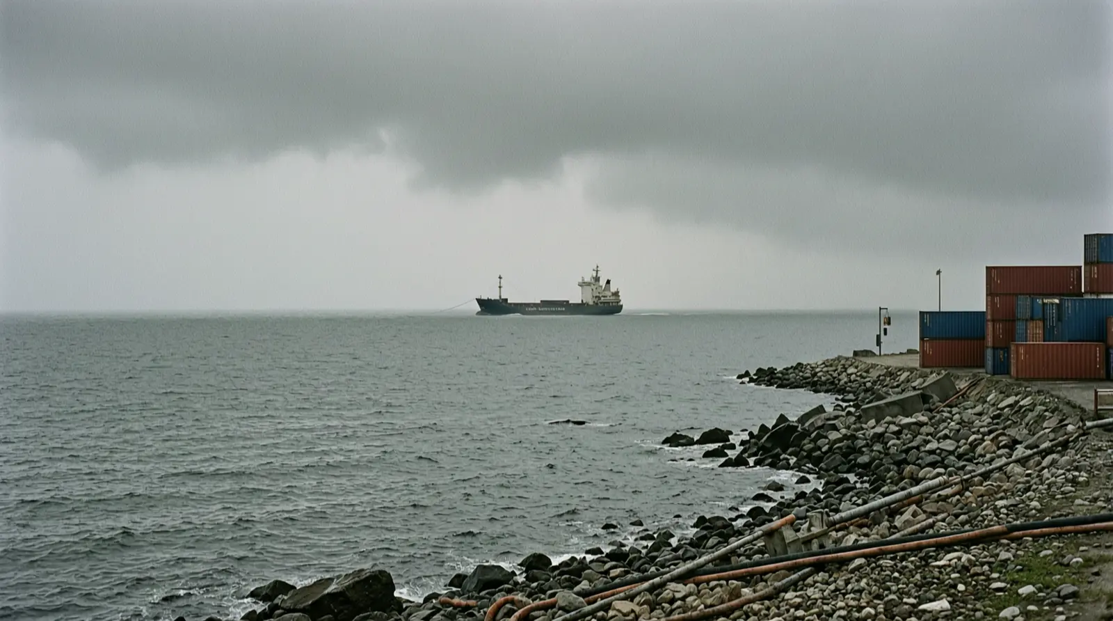 Open water near a coastline under heavy cloud, with a distant vessel on the horizon.