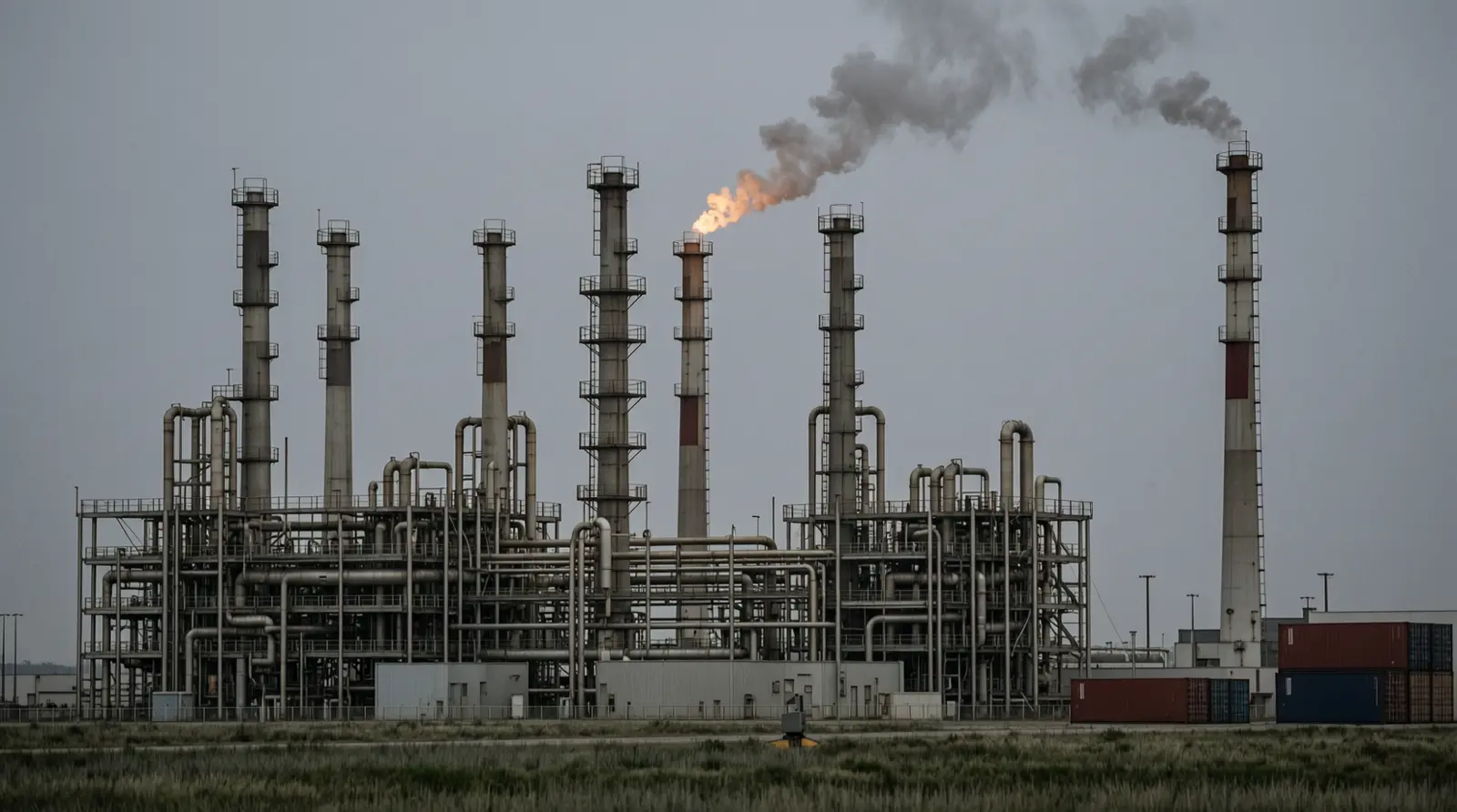 Refinery units and flare stacks seen from a distance at dusk, with no visible signage.