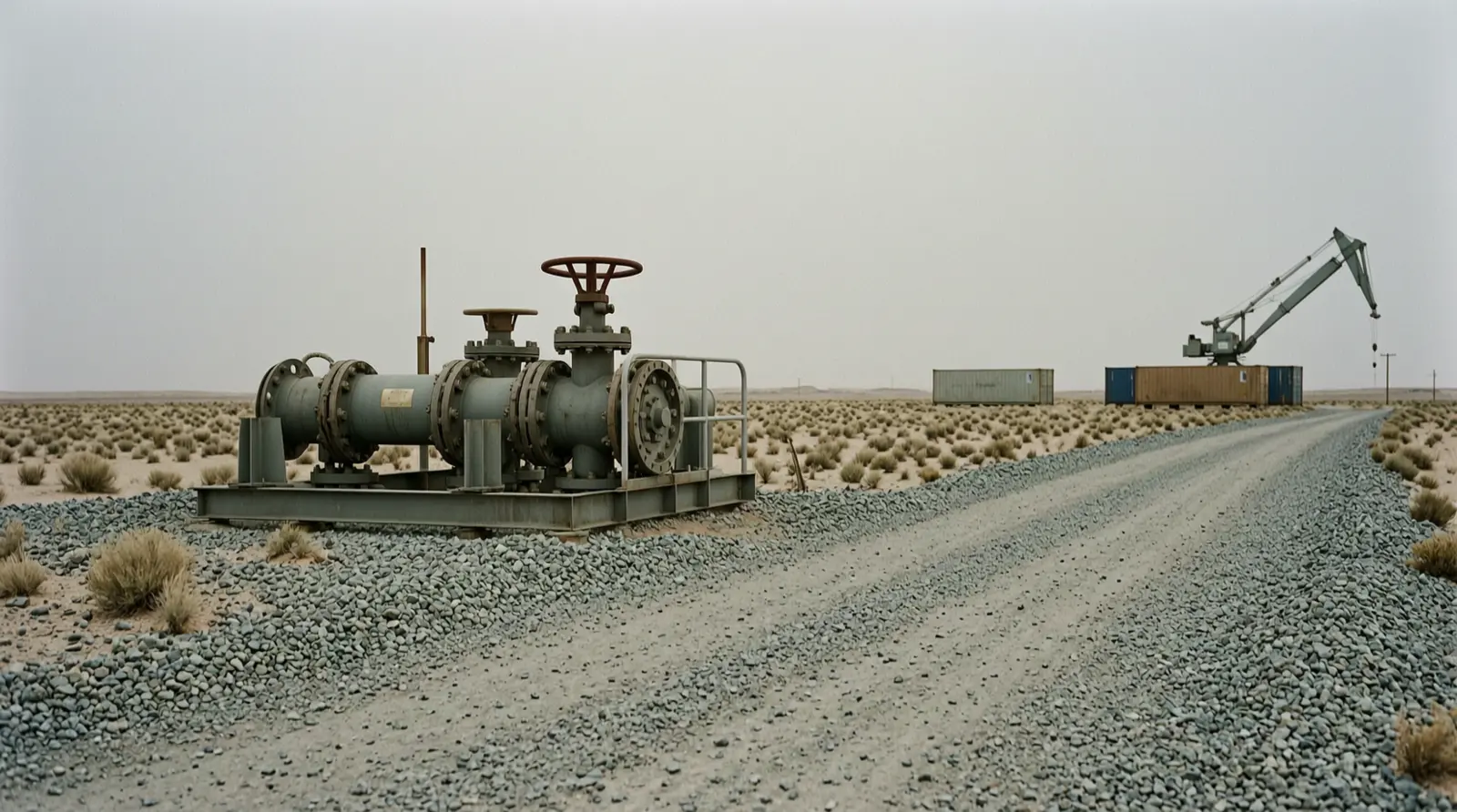 A remote pipeline valve assembly and gravel service road in open desert, seen from a distance.