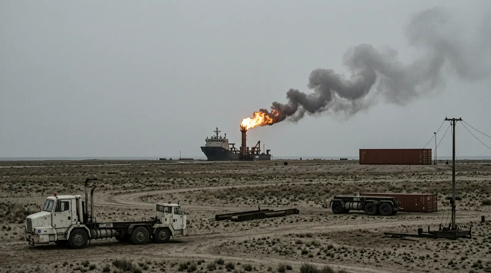 A gas flare burning at a remote production site, seen across open ground.