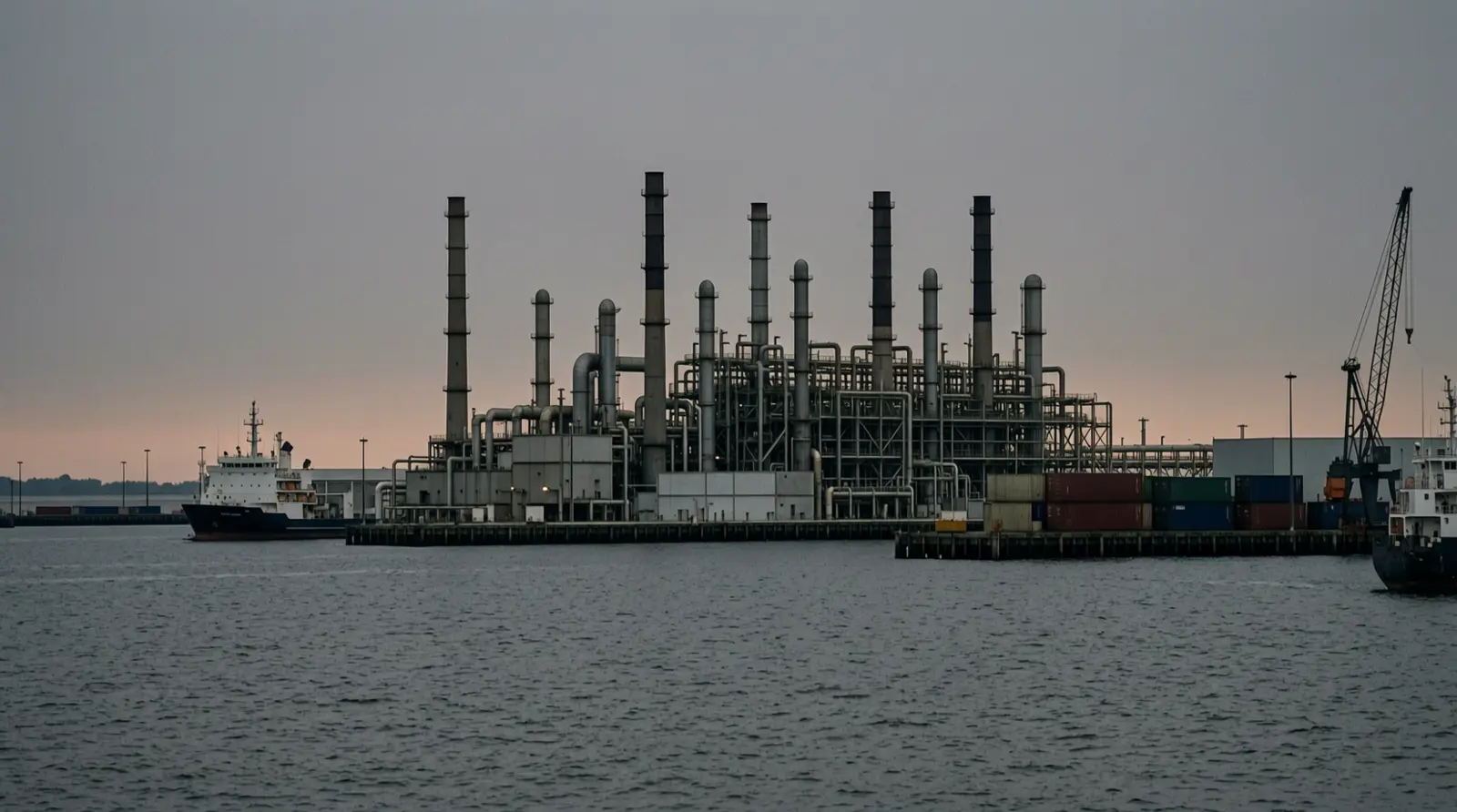 A refinery complex seen from across water at dusk, stacks and pipework against the sky.