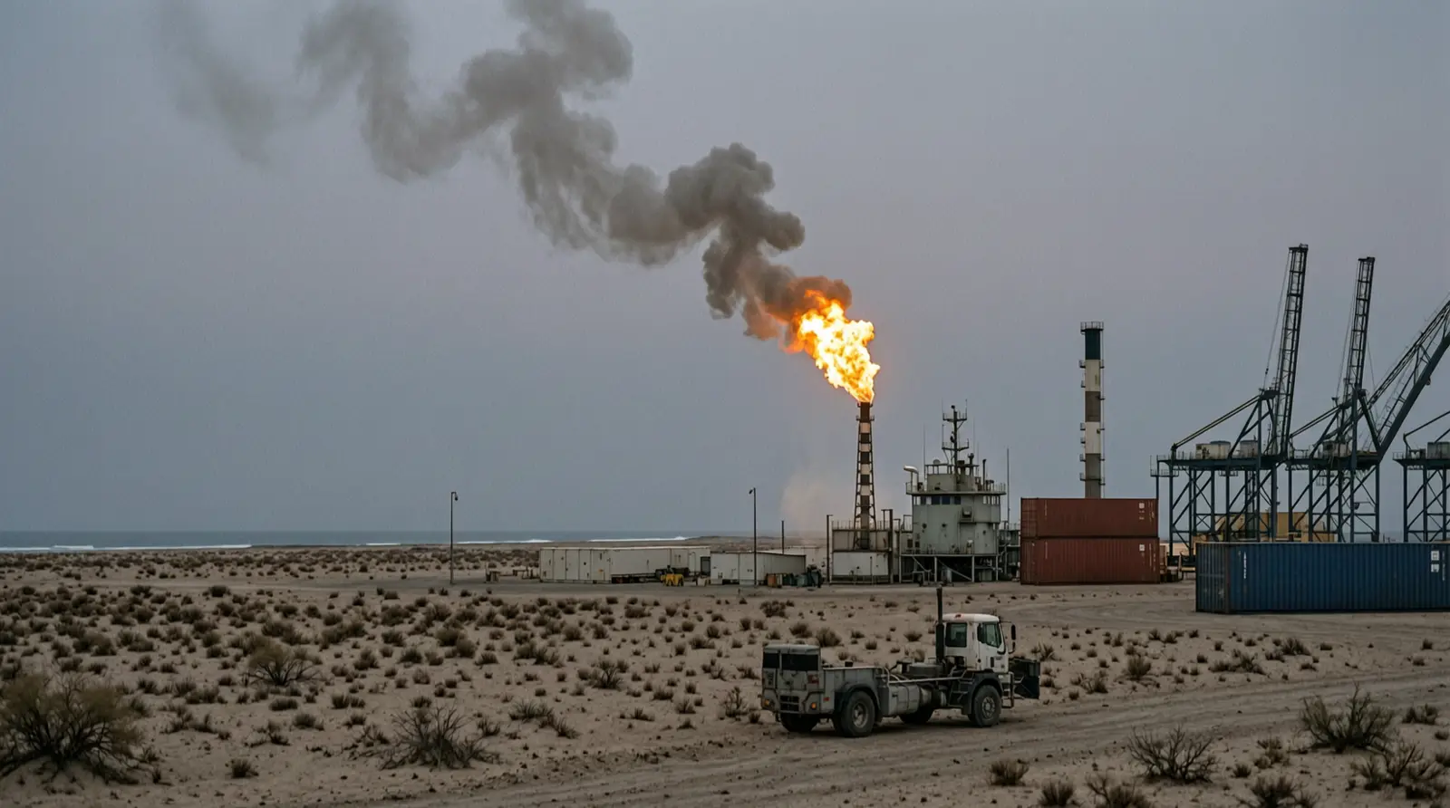A distant flare stack burns above open desert near a coastal energy facility at dusk.