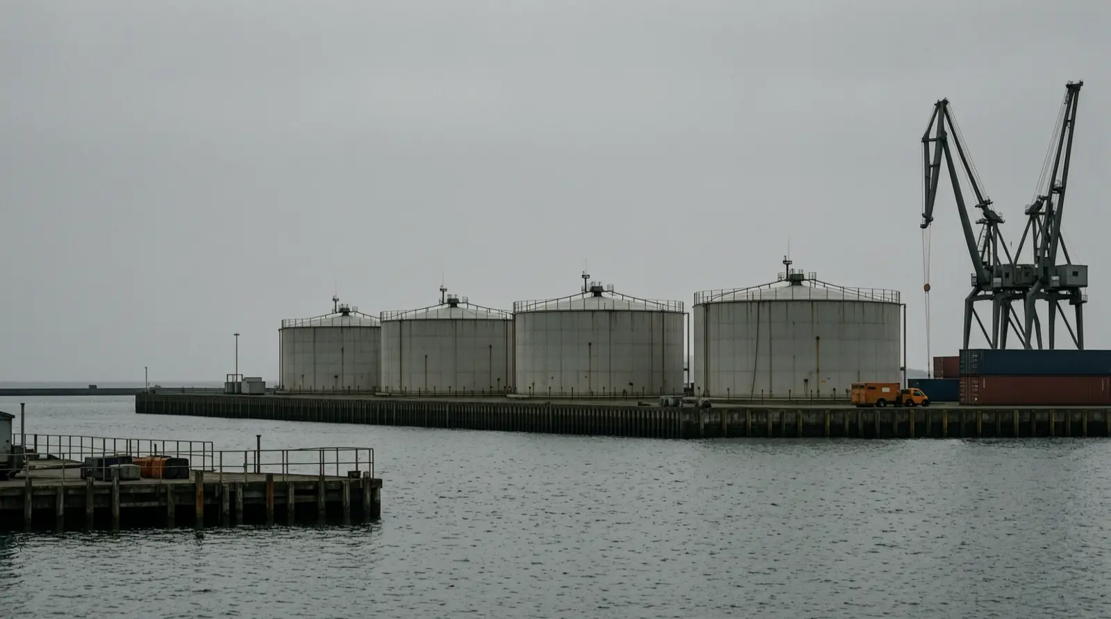A row of fuel storage tanks on an industrial foreshore, seen from a distance under overcast sky.