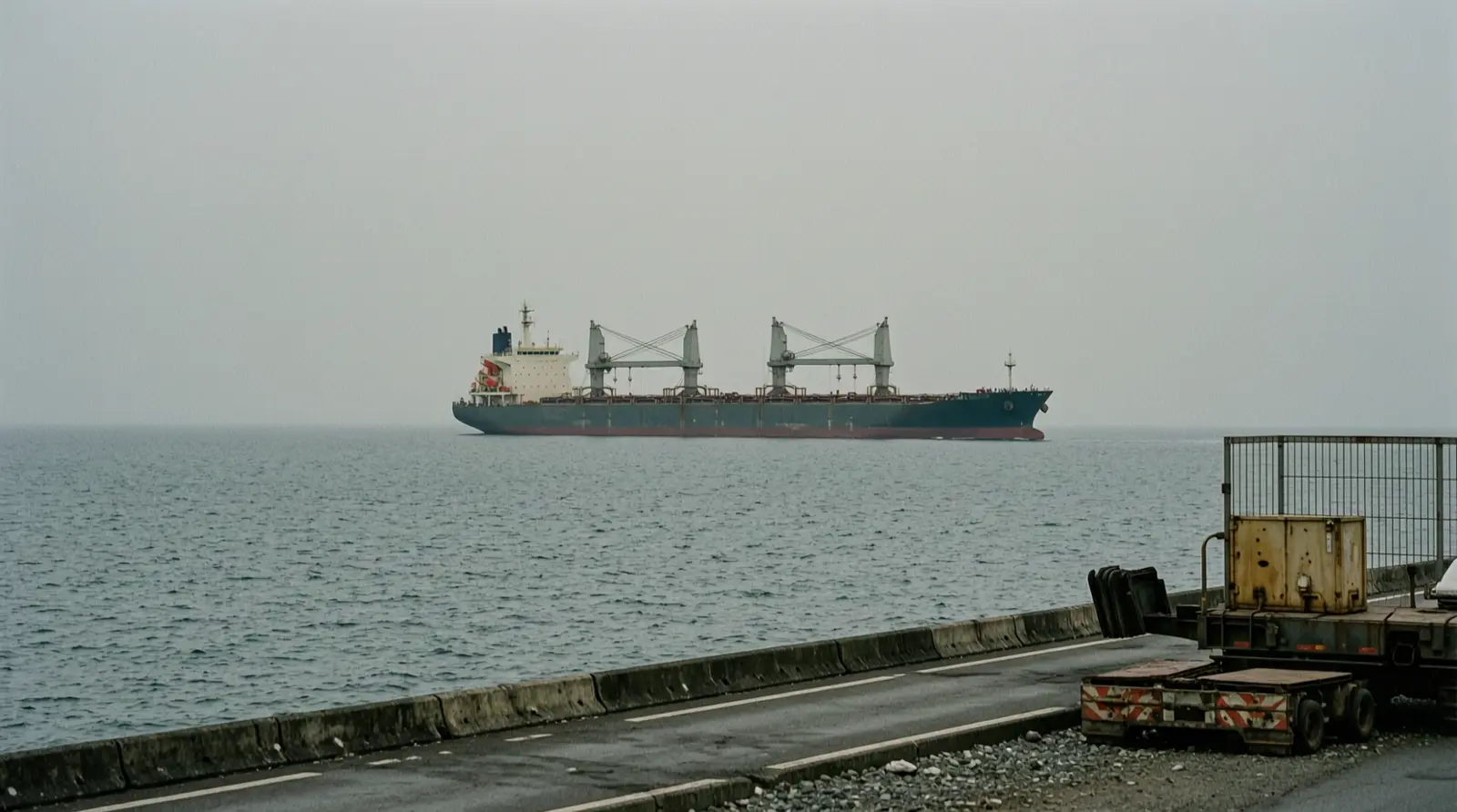 A calm stretch of open sea under hazy light, with a large tanker far from the camera and no visible markings.