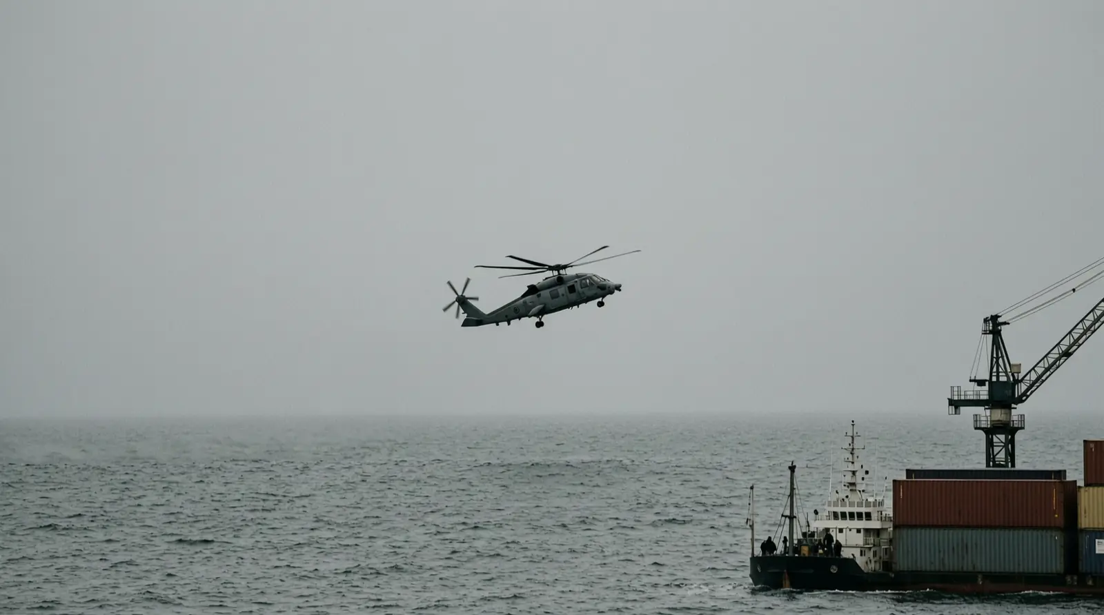 A naval helicopter flying low over grey sea, with no land visible
